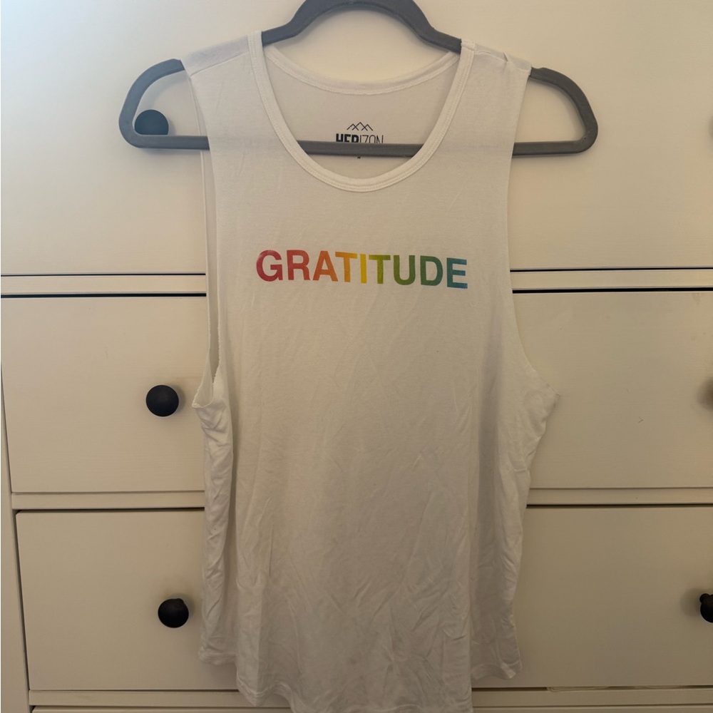 White Sleeveless Muscle Tee with Gratitude Print
